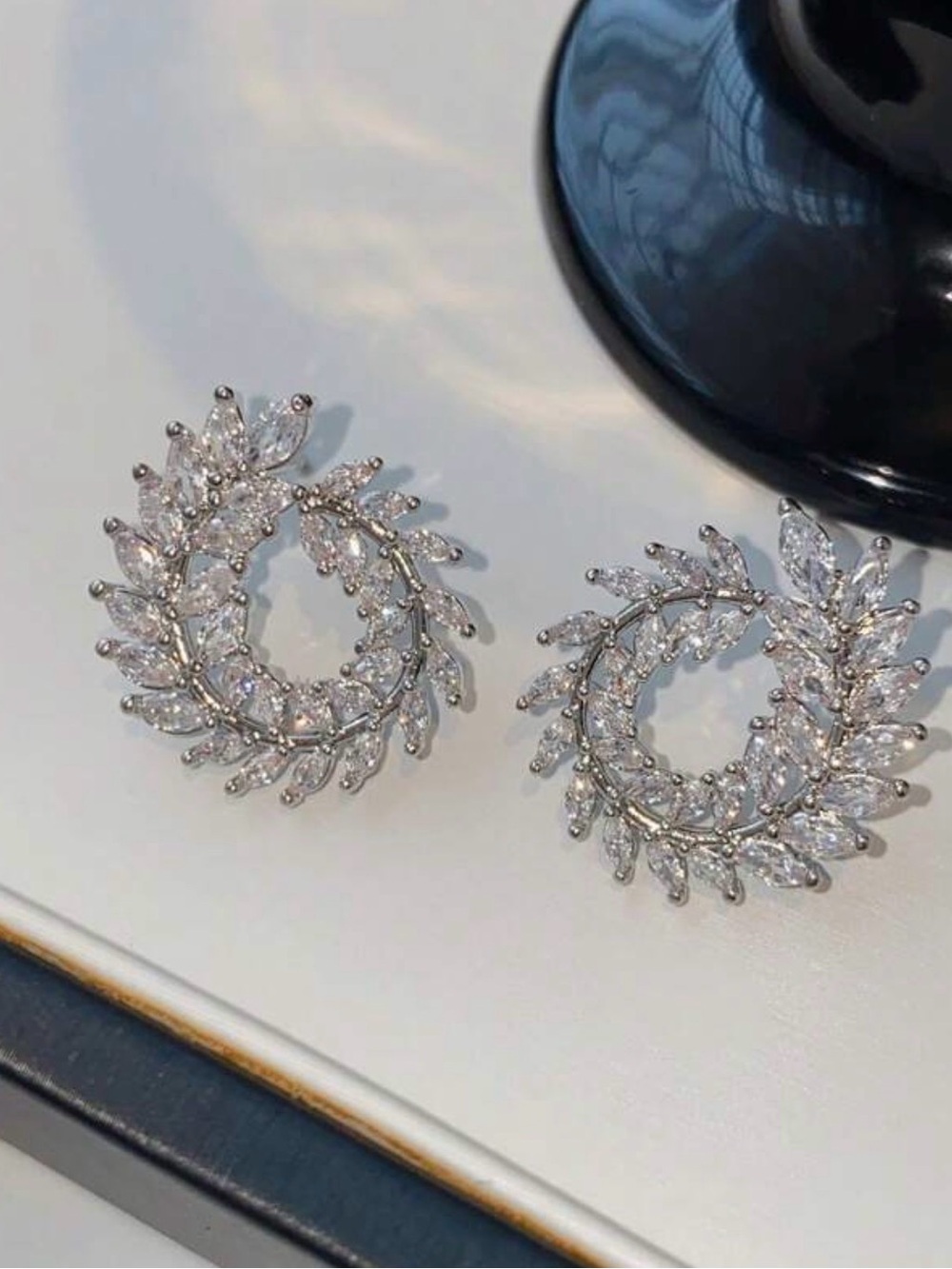 Silver Crystal Leaf Wreath Stud Earrings - Elegant Women Jewelry
